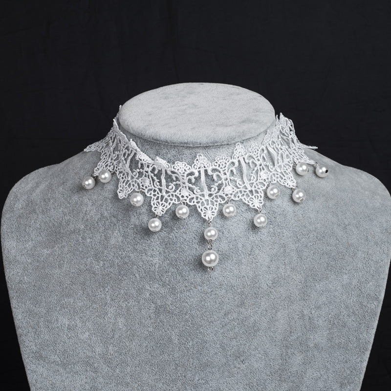 White Lace Bridal Choker Rhinestones Pearl Pendant