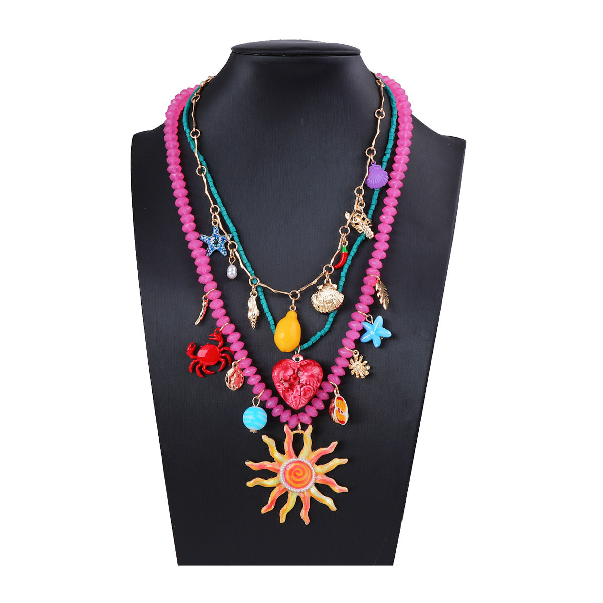 Layered Colorful Pendant Necklace Gold Plated Resort
