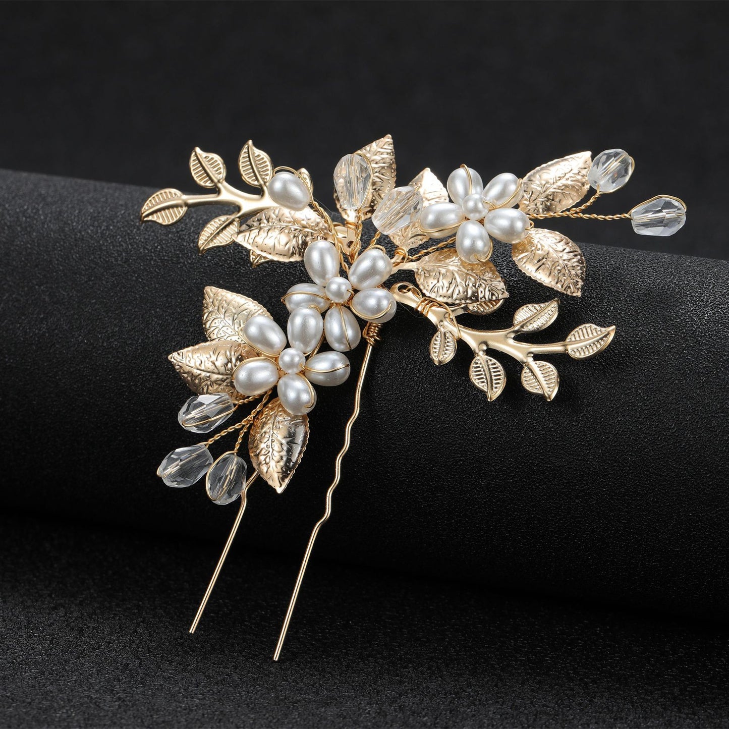 Silver Leaf Pearl Crystal Handmade U Shaped Hairpin Wedding Hairpiece
