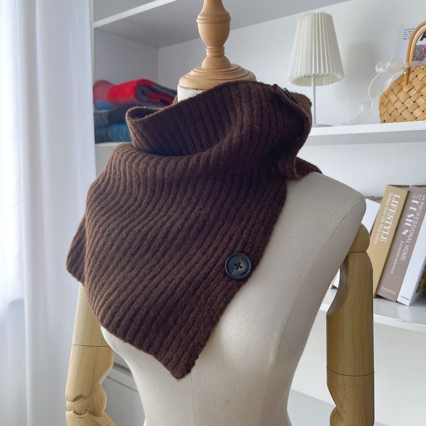 Pure Wool Knitted Scarf with Detachable Buttons for Women