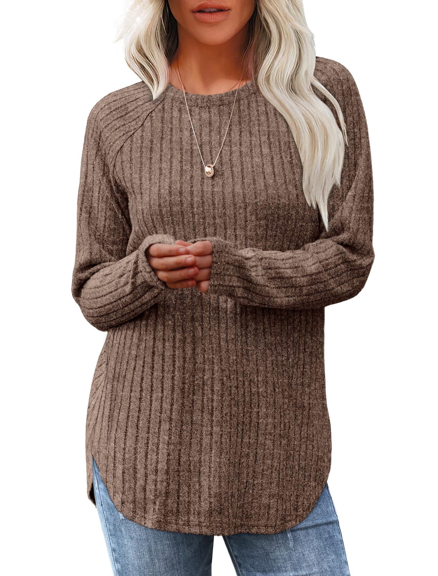 Loose Fit Round Neck Top with High-Low Hem