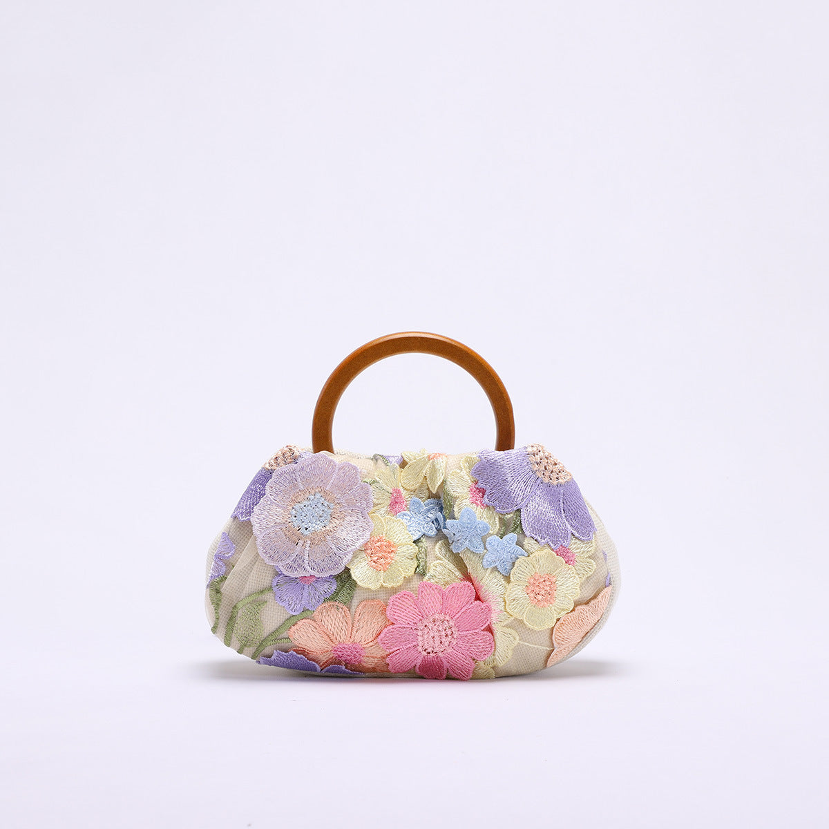 Round Wood Handle Bag Floral Embroidered Beach Style Women's Clutch