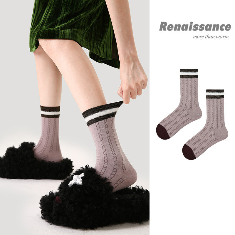 Mid Calf Embossed Stripe Socks Combed Cotton Breathable