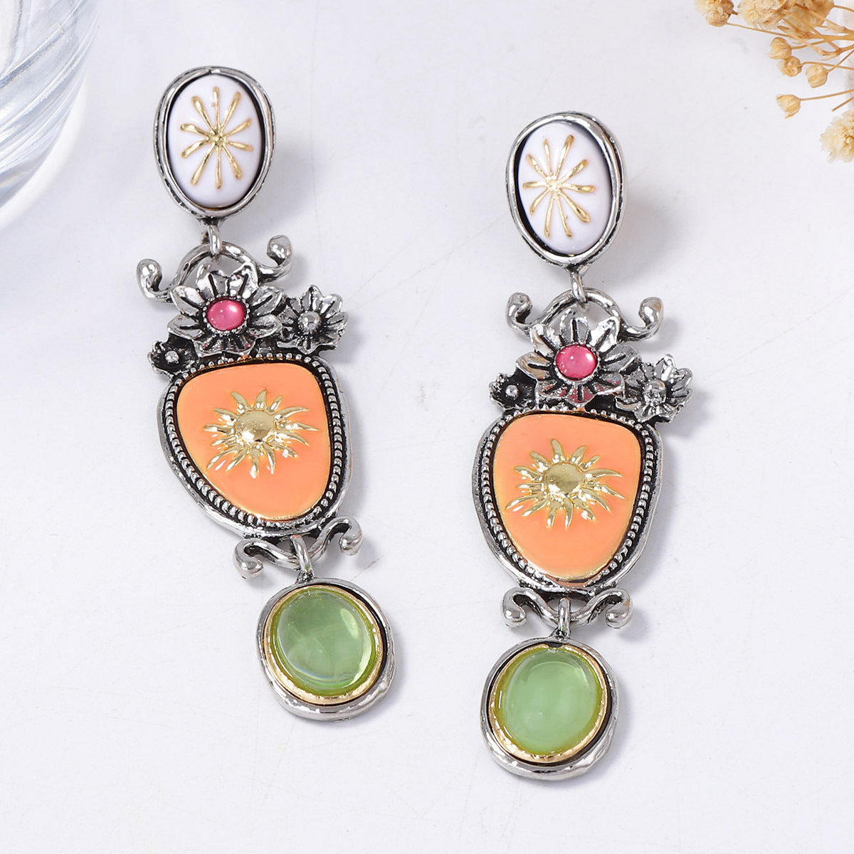 Earrings Antique Finish Enamel Floral Drop For Evening