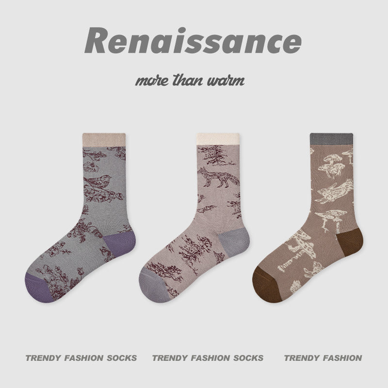 Butterfly Floral Combed Cotton Mid Calf Socks