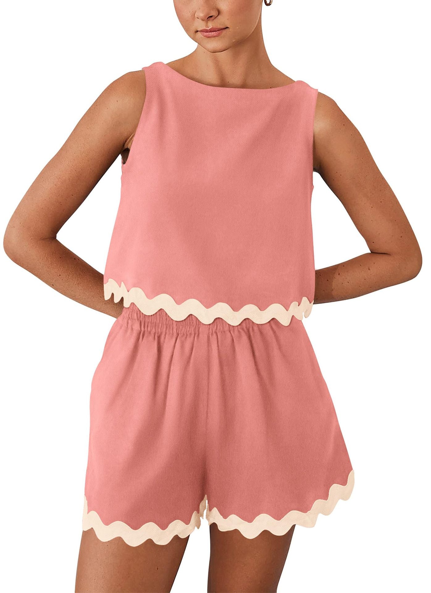 Summer Two-Piece Lace-Trimmed Tank Top and Shorts Set