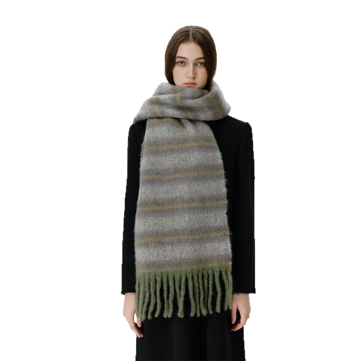 Morandi Color Gradient Striped Wool Fringed Scarf for Men and Women