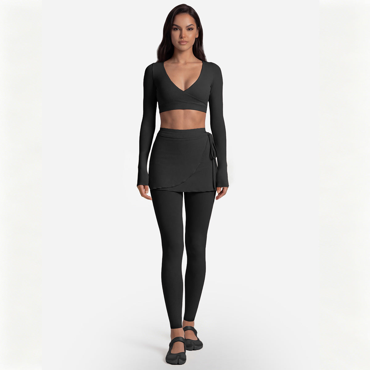 Long Sleeve Cross-Back Workout Skirt Set Women Ballet Style Yoga Outfit