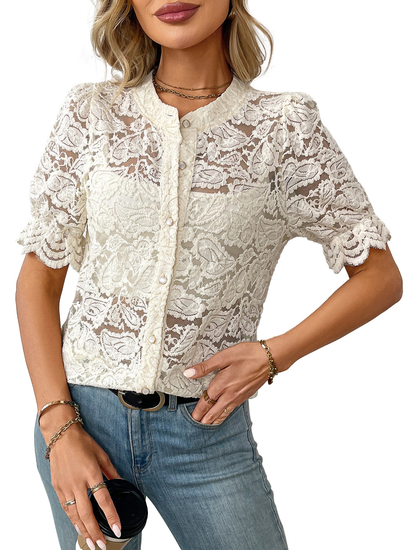 Summer Lace Short Sleeve Button-Up Shirt for Women