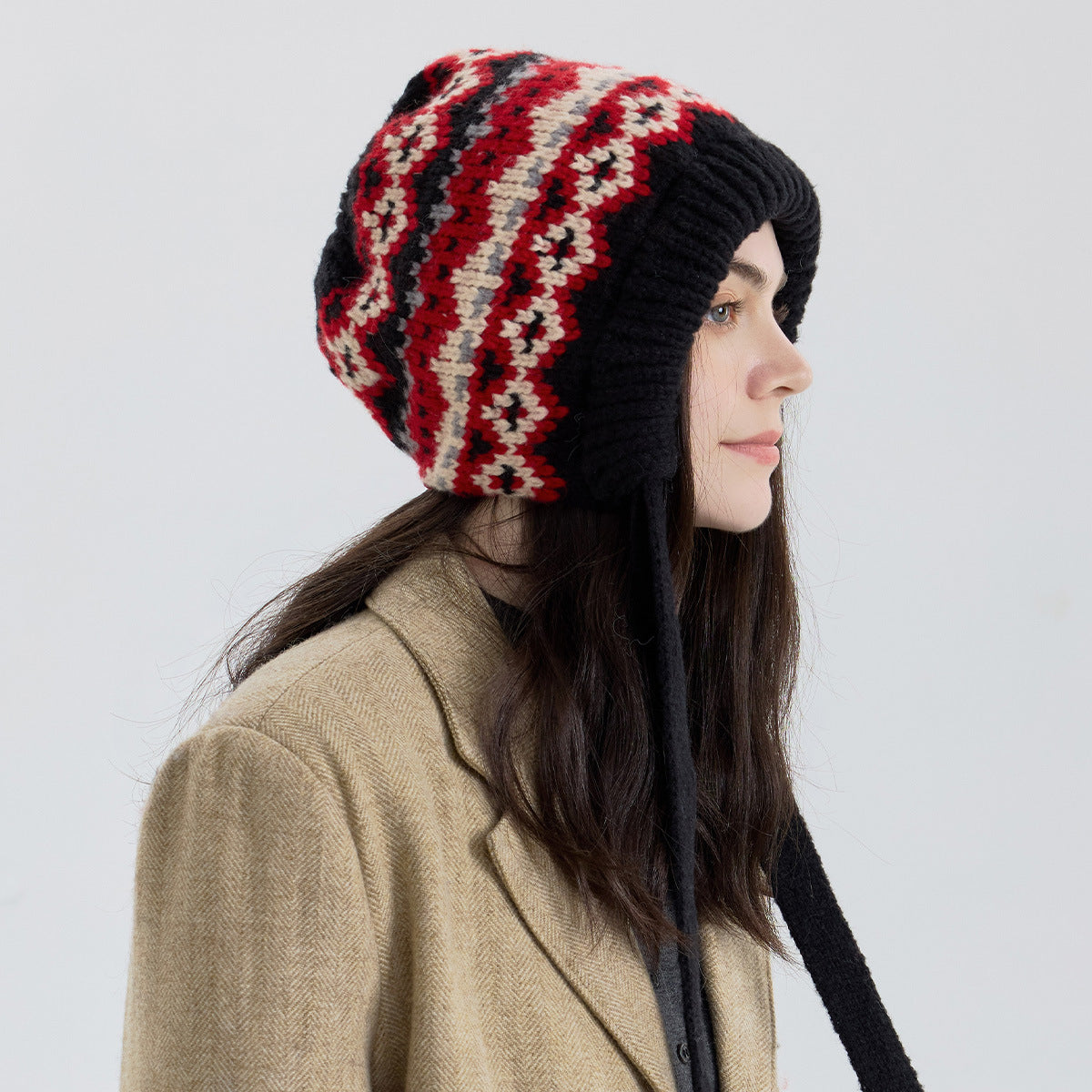 Fair Isle Knit Beanie Hat with Ear Covers - Windproof and Warm