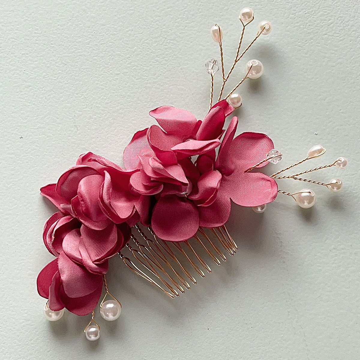 Red Fabric Flower Pearl Hair Comb Wedding Accessory