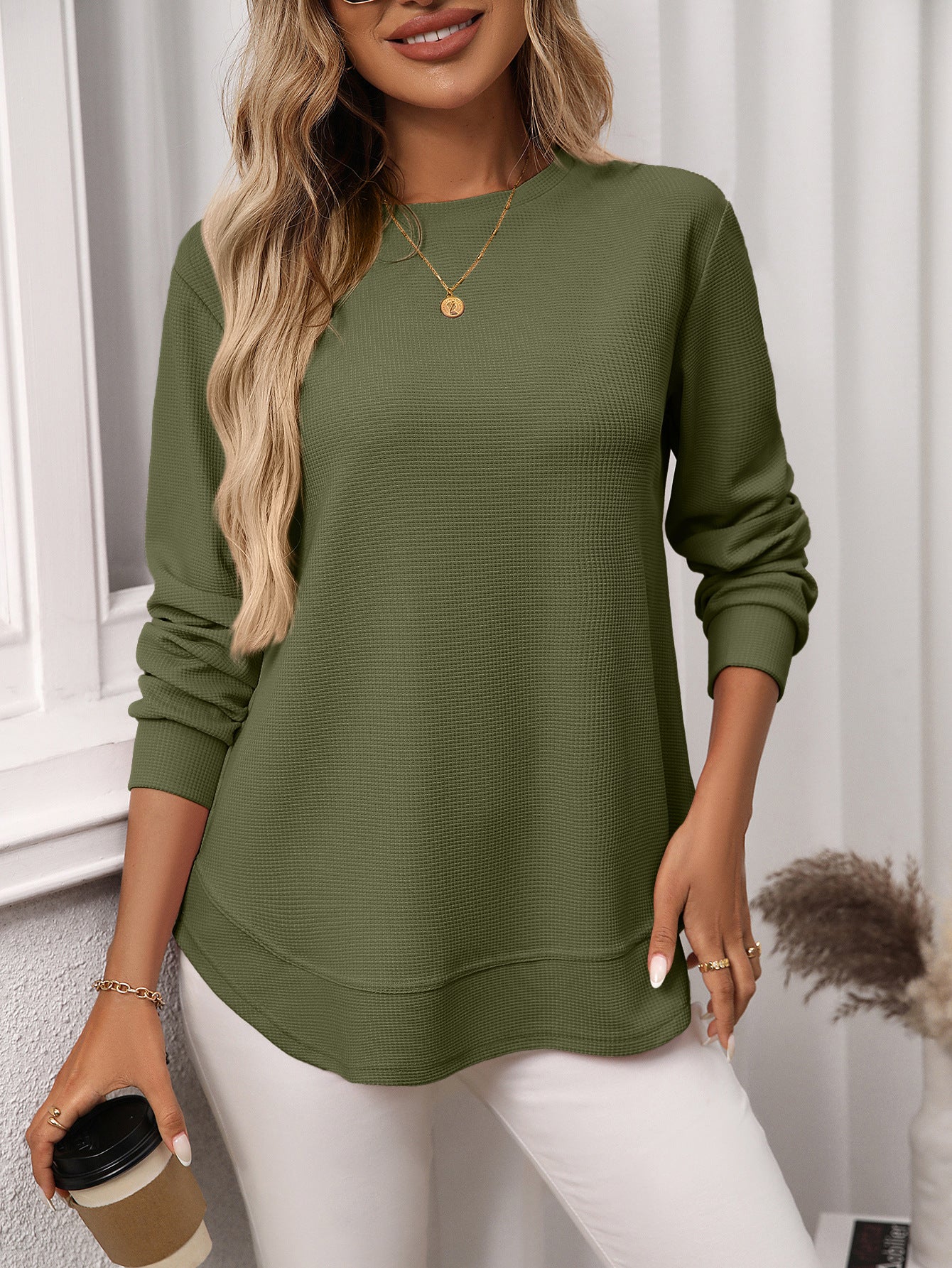 Casual Loose Waffle Knit Long Sleeve T-Shirt