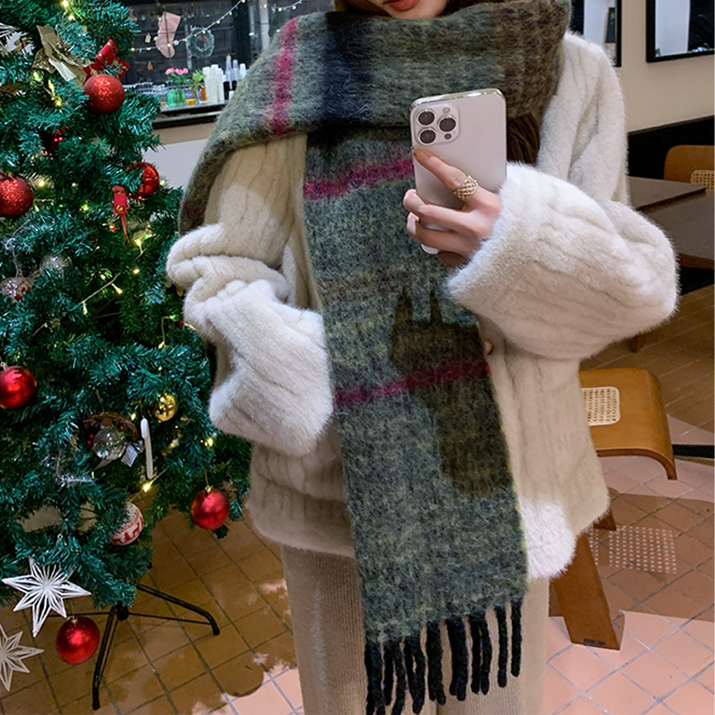 Designer Wool Blend Saturn Stripe Scarf Thickened Cashmere Feel Winter Scarf