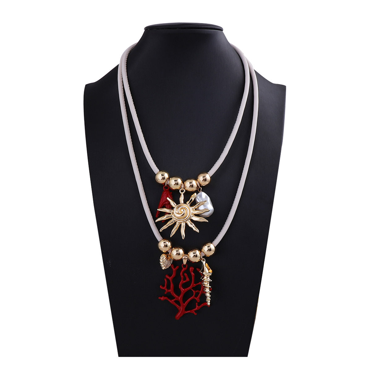 Layered Sun Coral Faux Pearl Leather Necklace