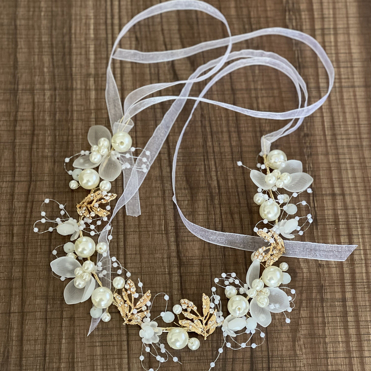 Pearl Flower Bridal Headband with Gold Leaf Detailing