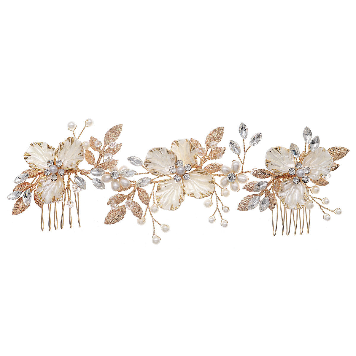 Bridal Hair Pin Comb with Gold Floral Design and Pearls