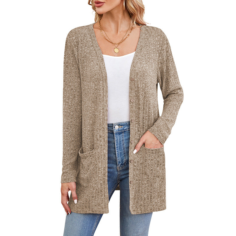 Casual Solid Color Long Sleeve Cardigan with Pockets