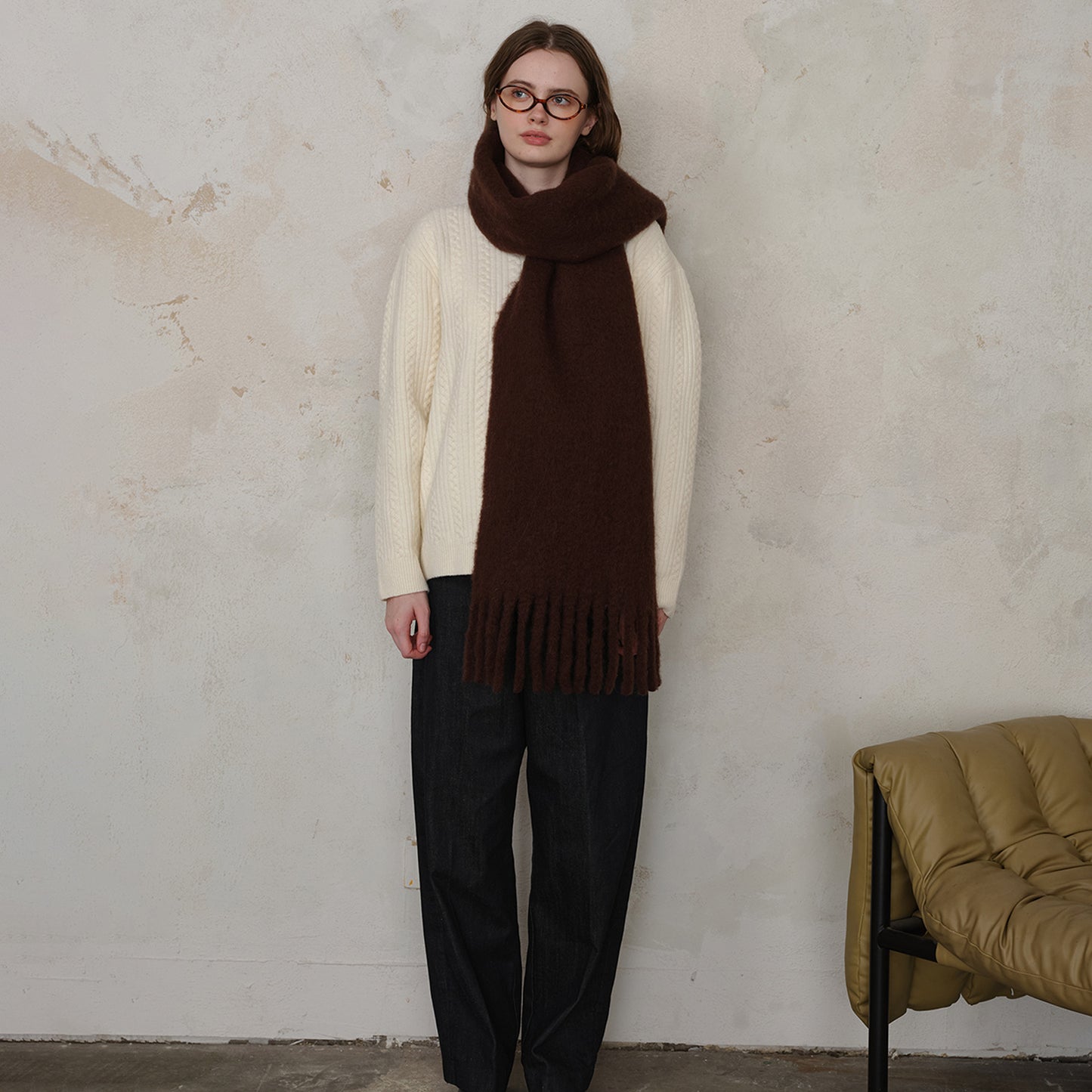 Classic Wool Blend Solid Color Fringed Scarf for Women