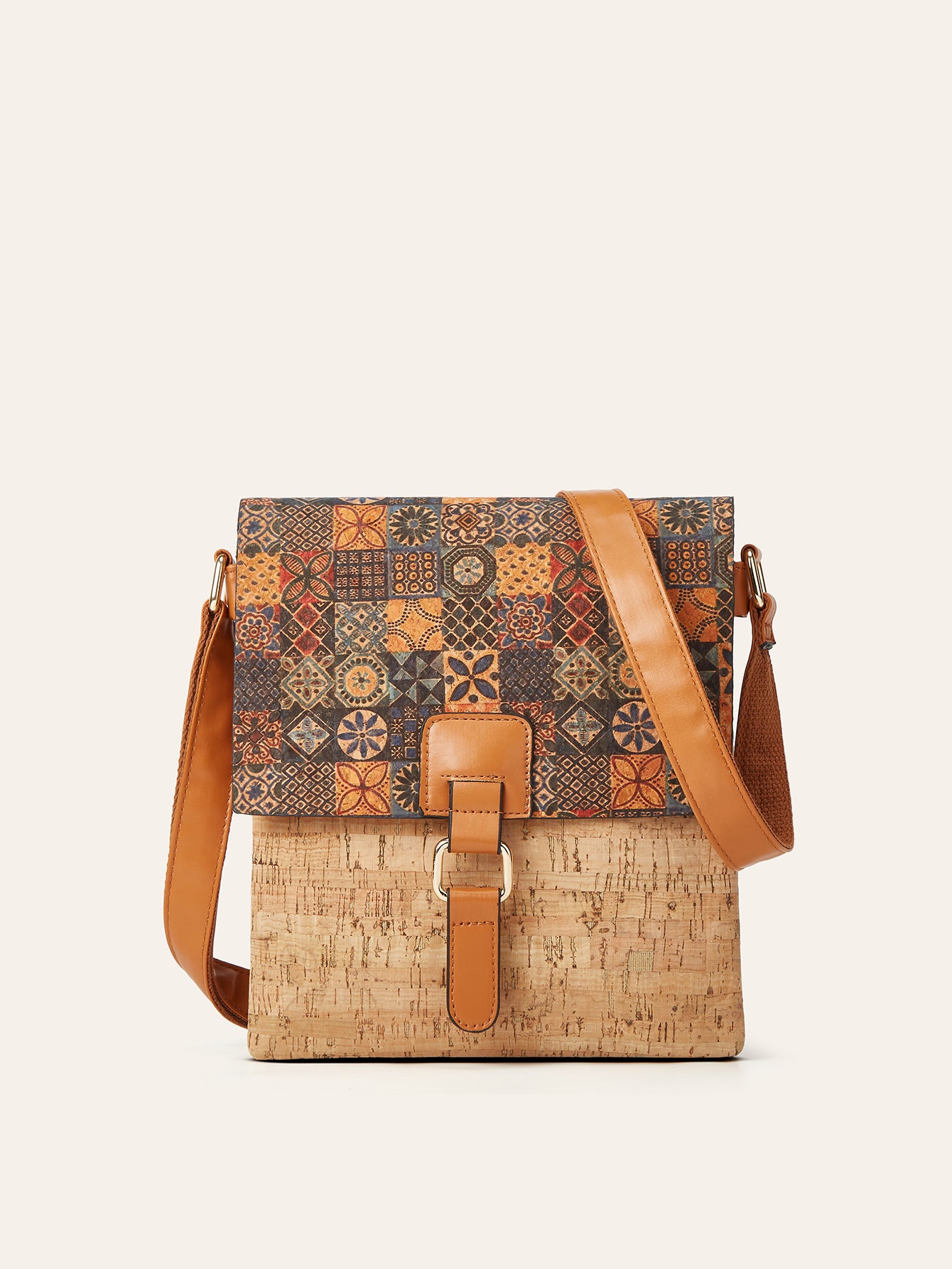 Trendy Retro Print Cork Shoulder Bag