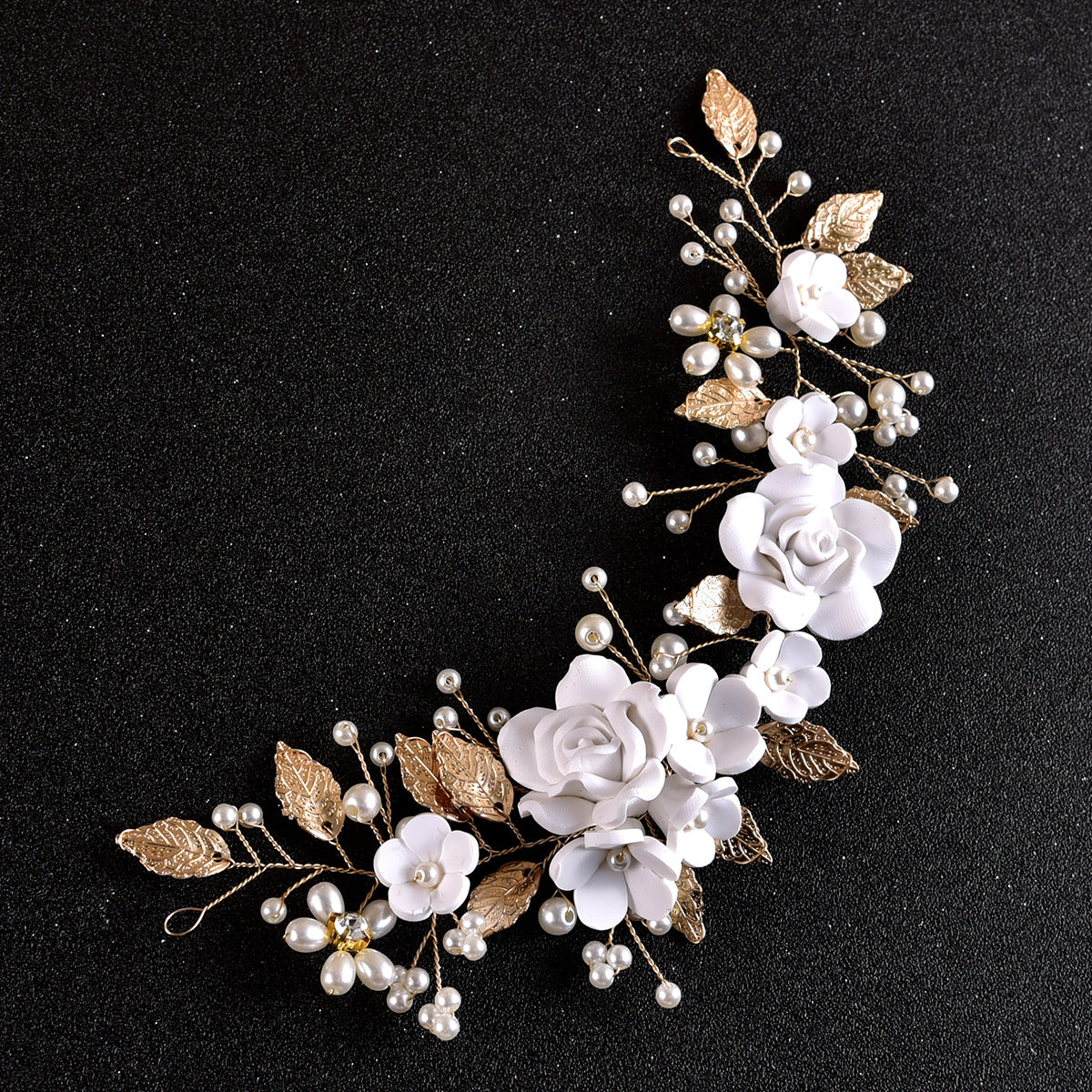 White Soft Clay Flower Headband Silver Alloy Leaves Wedding Hairpiece