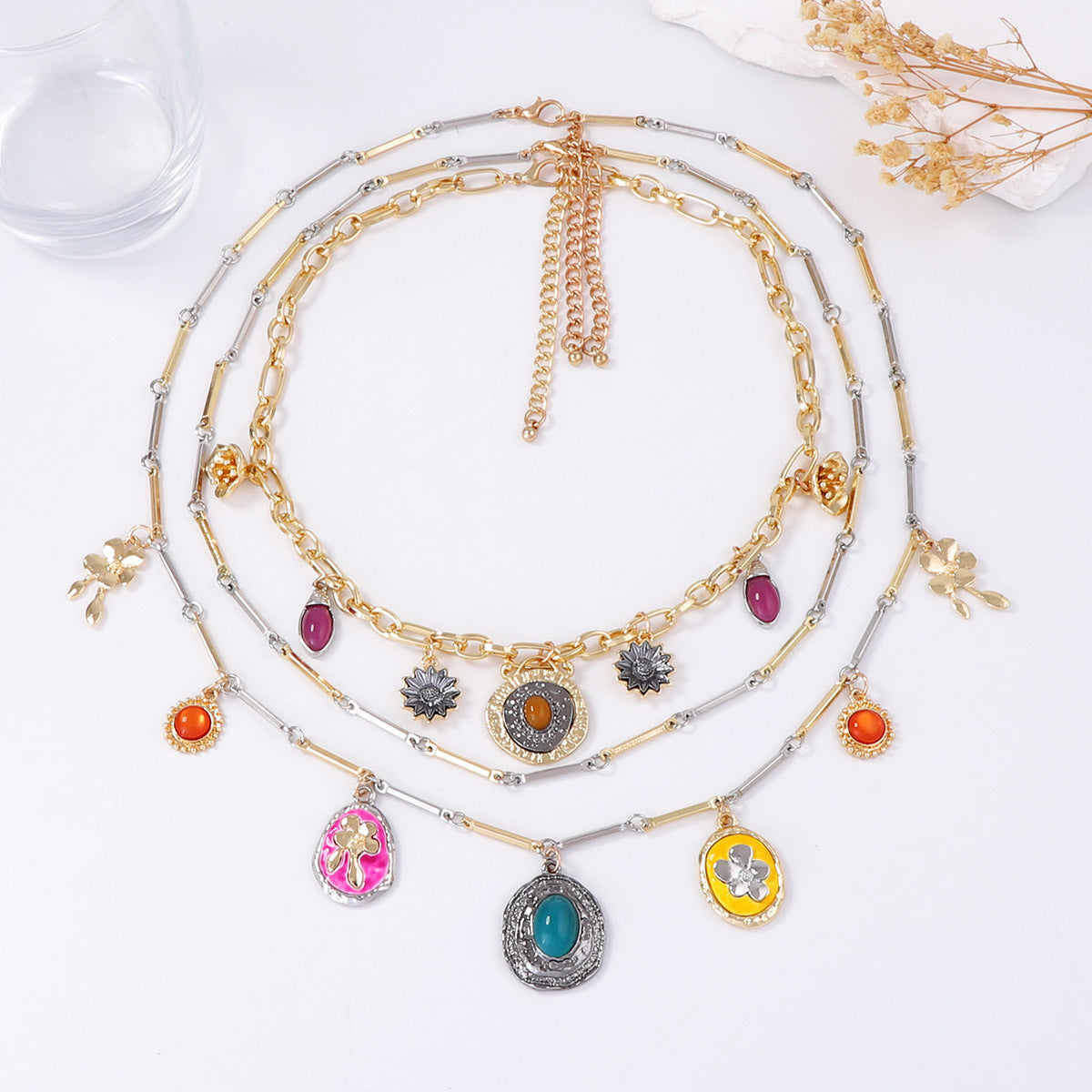 Layered Geometric Bow Pendant Necklace Vintage Boho