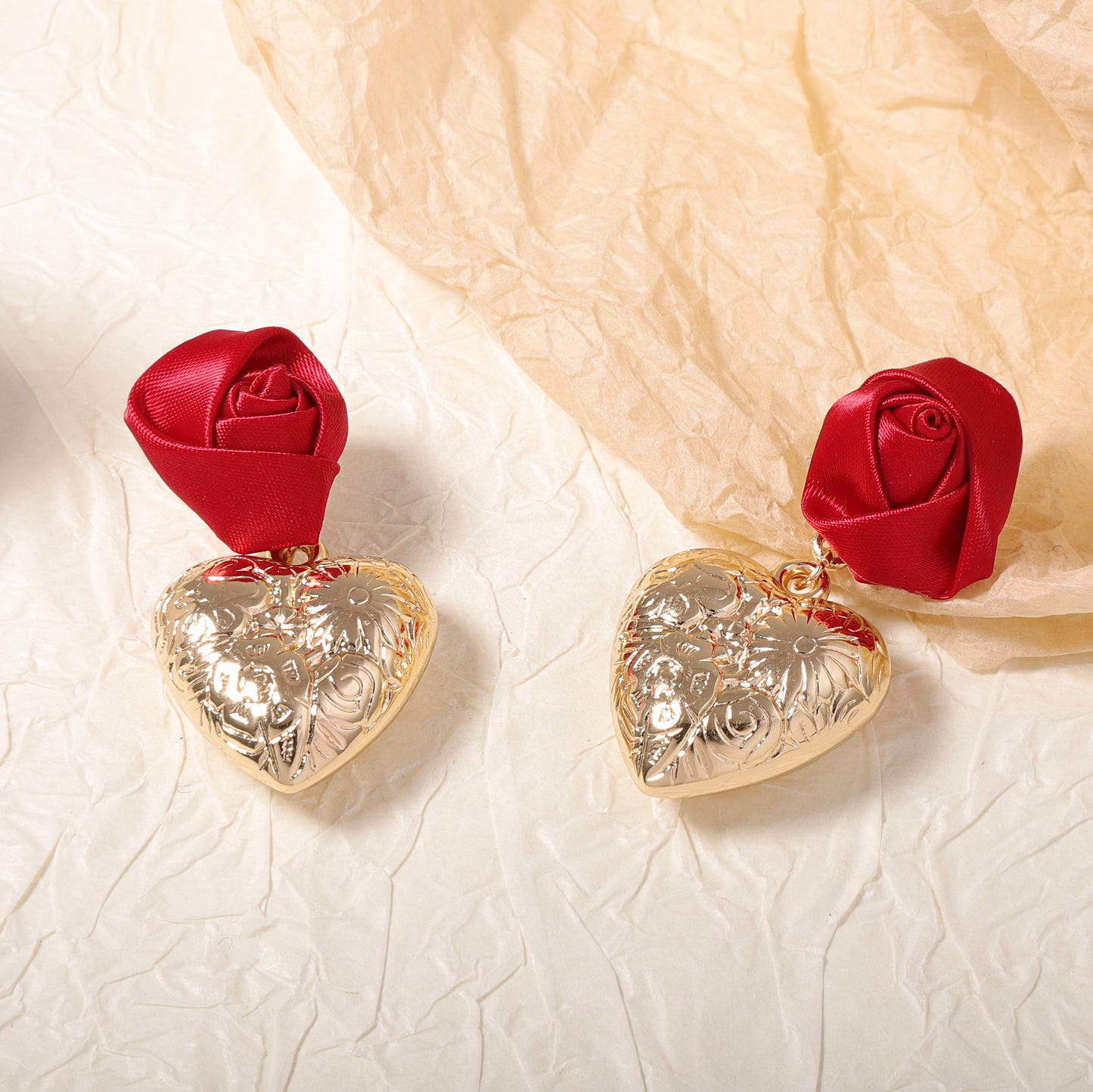 CCB Sculpted Rose Heart Drop Earrings Romantic Chic