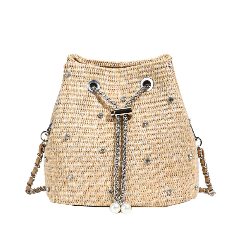 Trendy Woven Bucket Bag with Pearl and Rhinestone Detail