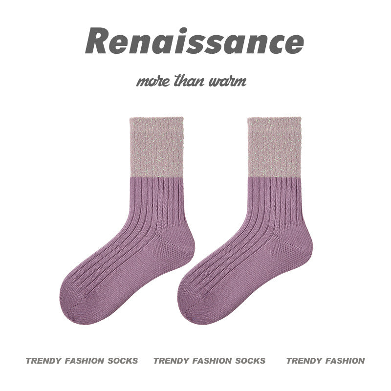 Cozy Mid Calf Colorblock Cotton Faux Mink Socks