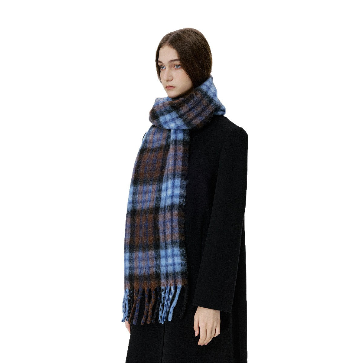High-Quality Blue Brown Plaid Scarf Cozy Warm Shawl for Men and Women