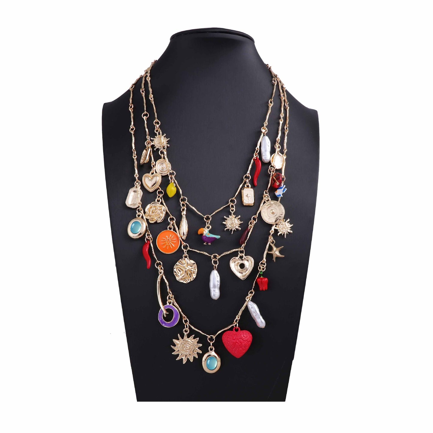 Layered Sunflower Enamel Heart Pendant Necklace Retro