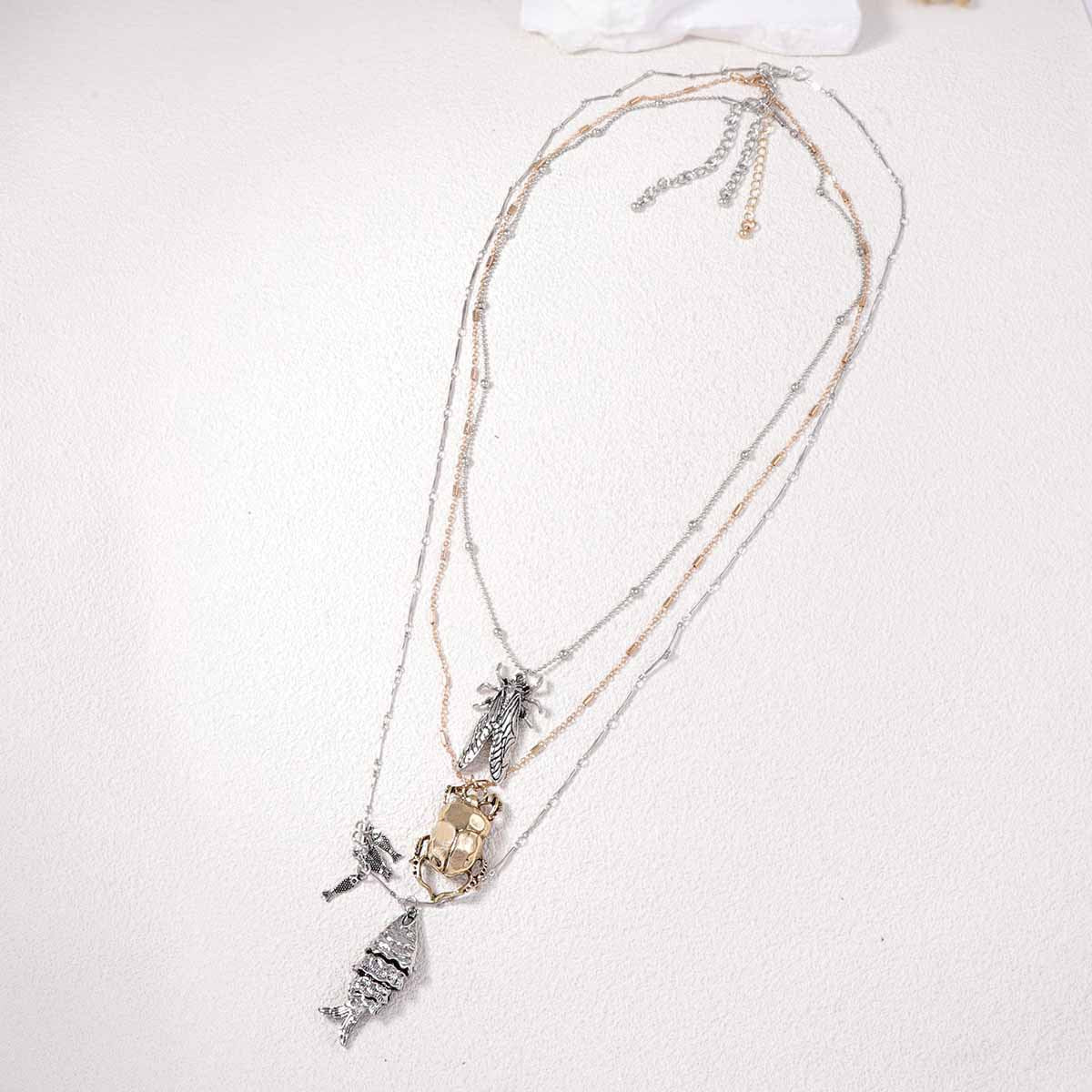 Layered Animal Pendant Necklace Beetle Fish Cicada