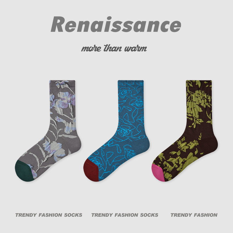 Socks Embossed Floral Mid Calf Cotton Moisture Wicking