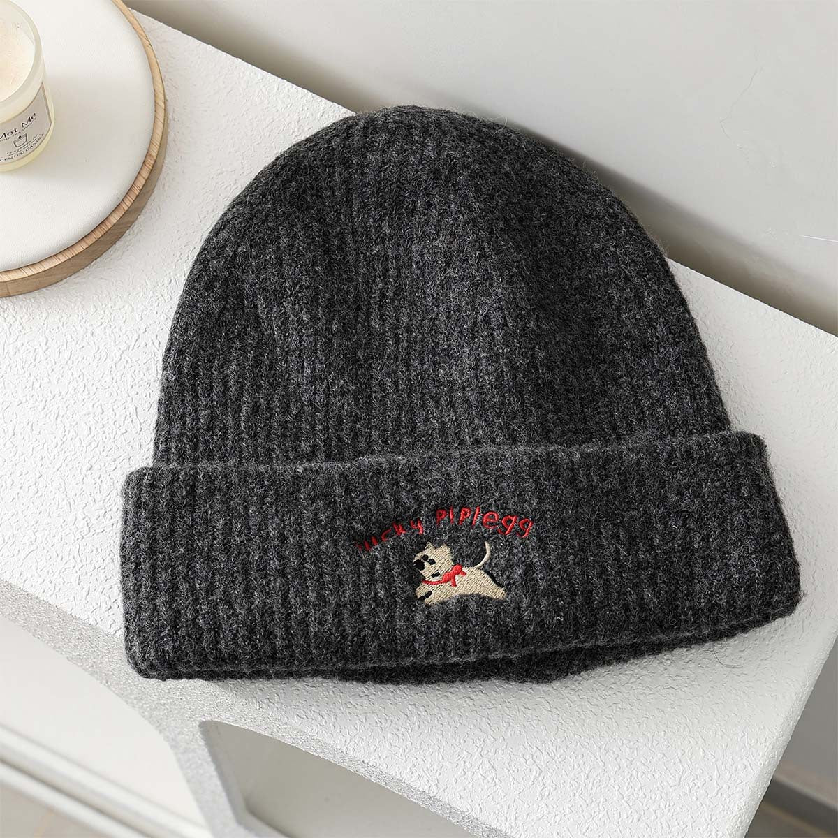 Cute Dog Embroidered Knit Hat Cozy Earflap Beanie