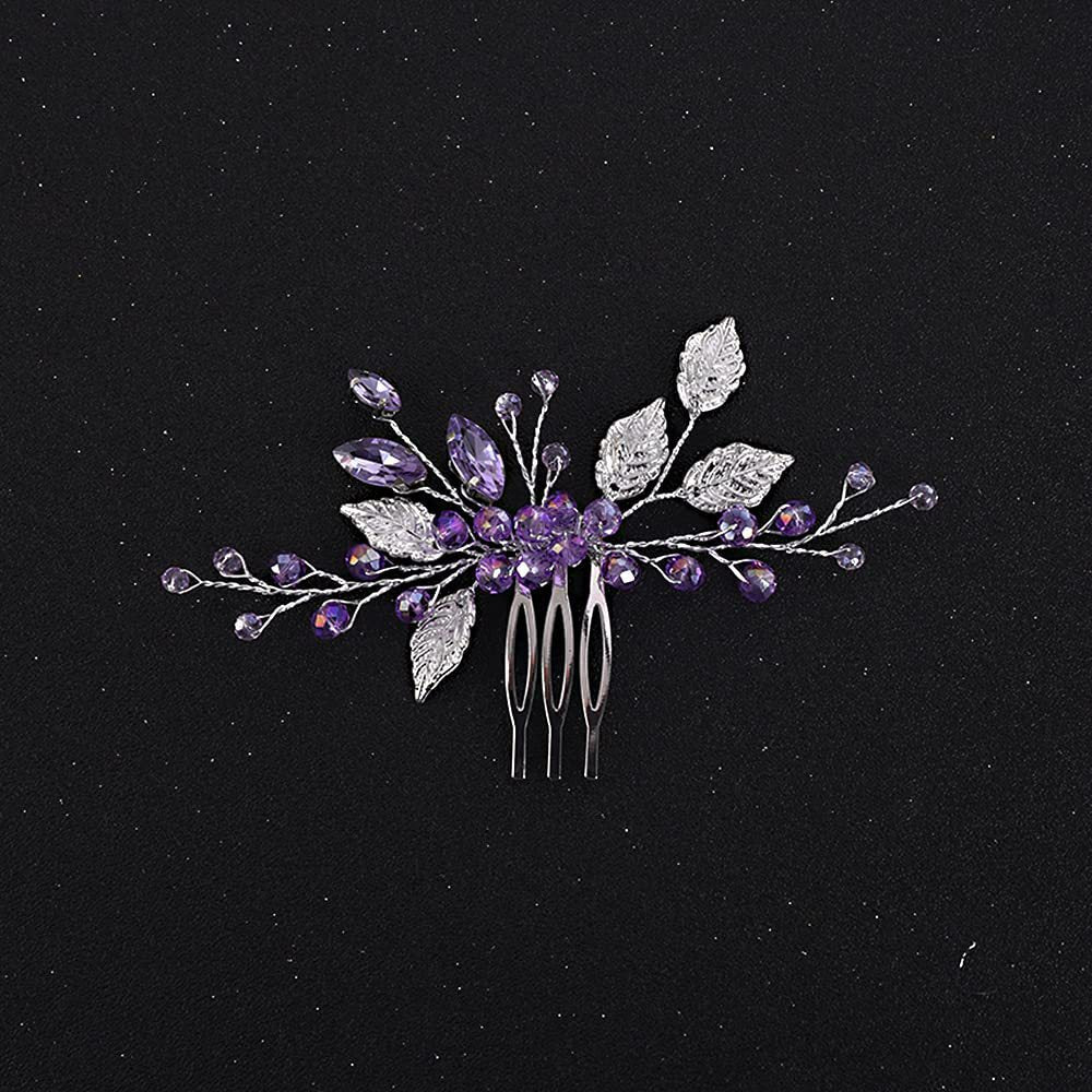 Purple Crystal Silver Alloy Leaf Hair Comb Wedding Headpiece