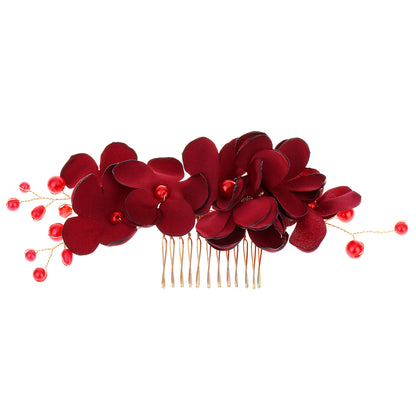 Red Fabric Flower Pearl Hair Comb Wedding Accessory