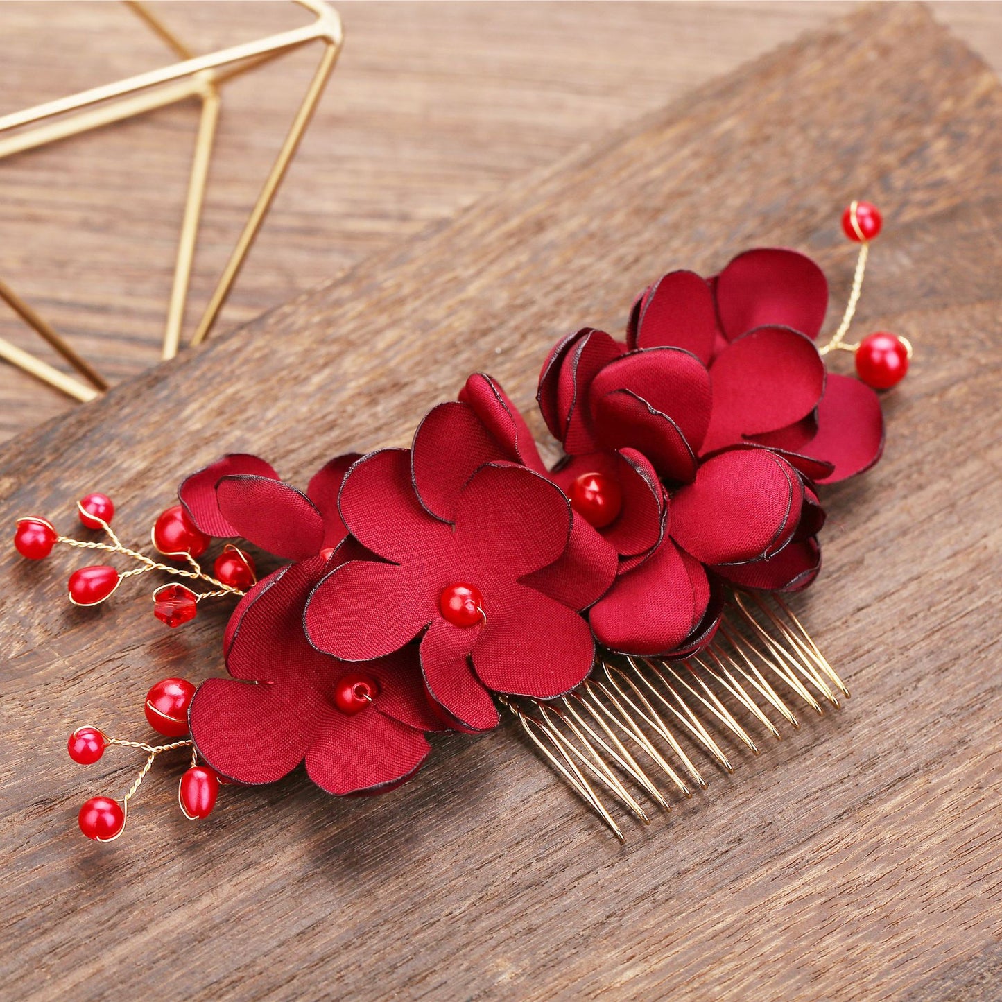 Red Fabric Flower Pearl Hair Comb Wedding Accessory
