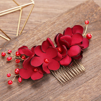 Red Fabric Flower Pearl Hair Comb Wedding Accessory