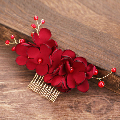 Red Fabric Flower Pearl Hair Comb Wedding Accessory