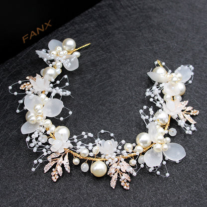 Pearl Flower Bridal Headband with Gold Leaf Detailing