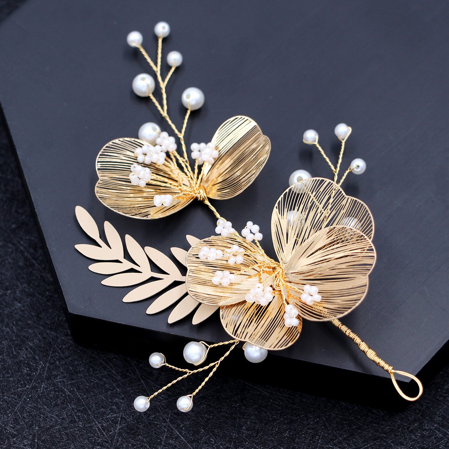 Golden Flower Bridal Headpiece with Matching Earrings
