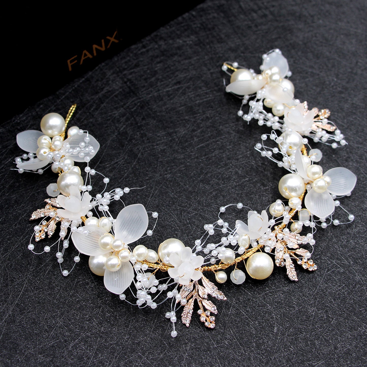 Pearl Flower Bridal Headband with Gold Leaf Detailing