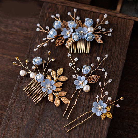 Light Blue and Pink Bridal Flower Hair Comb Accessories