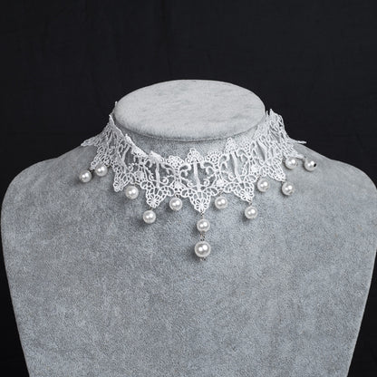 White Lace Bridal Choker Rhinestones Pearl Pendant