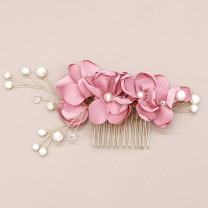 Red Fabric Flower Pearl Hair Comb Wedding Accessory