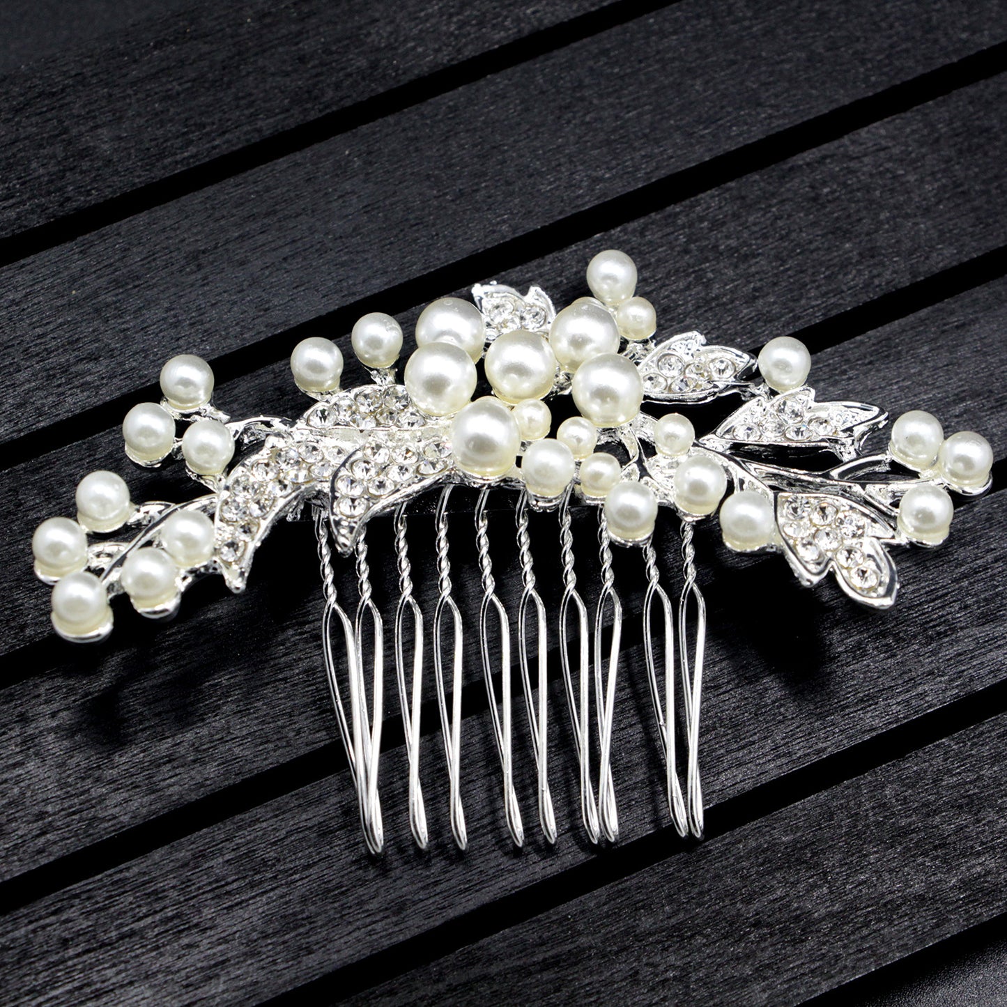 Silver Alloy Pearl Hair Comb Bridal with Crystal Accents