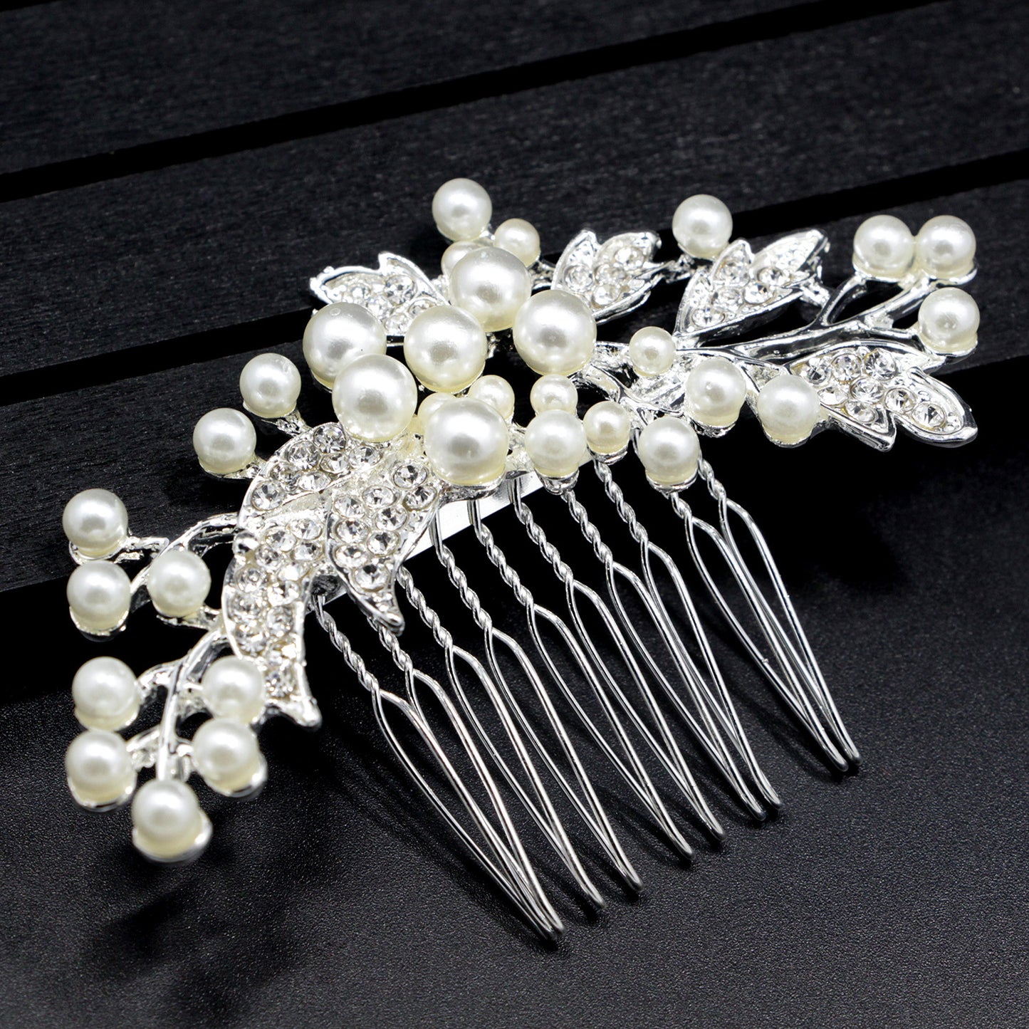 Silver Alloy Pearl Hair Comb Bridal with Crystal Accents
