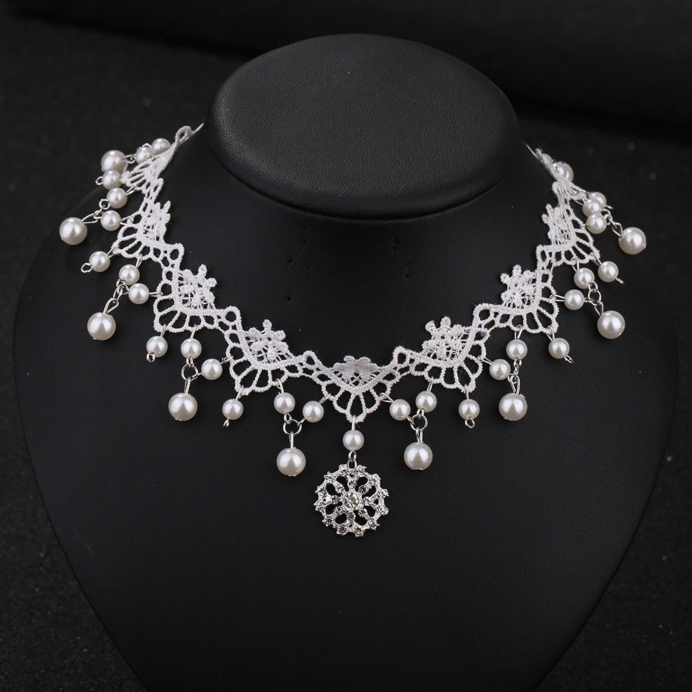 White Lace Bridal Choker Rhinestones Pearl Pendant