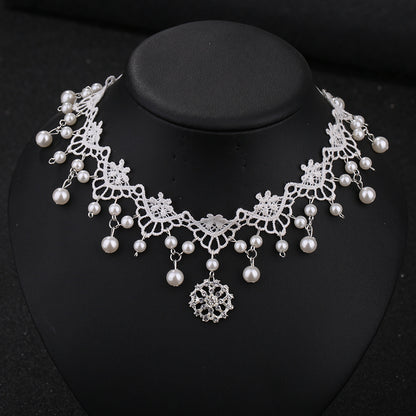 White Lace Bridal Choker Rhinestones Pearl Pendant