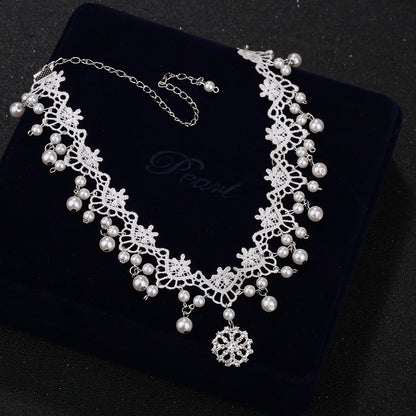 White Lace Bridal Choker Rhinestones Pearl Pendant