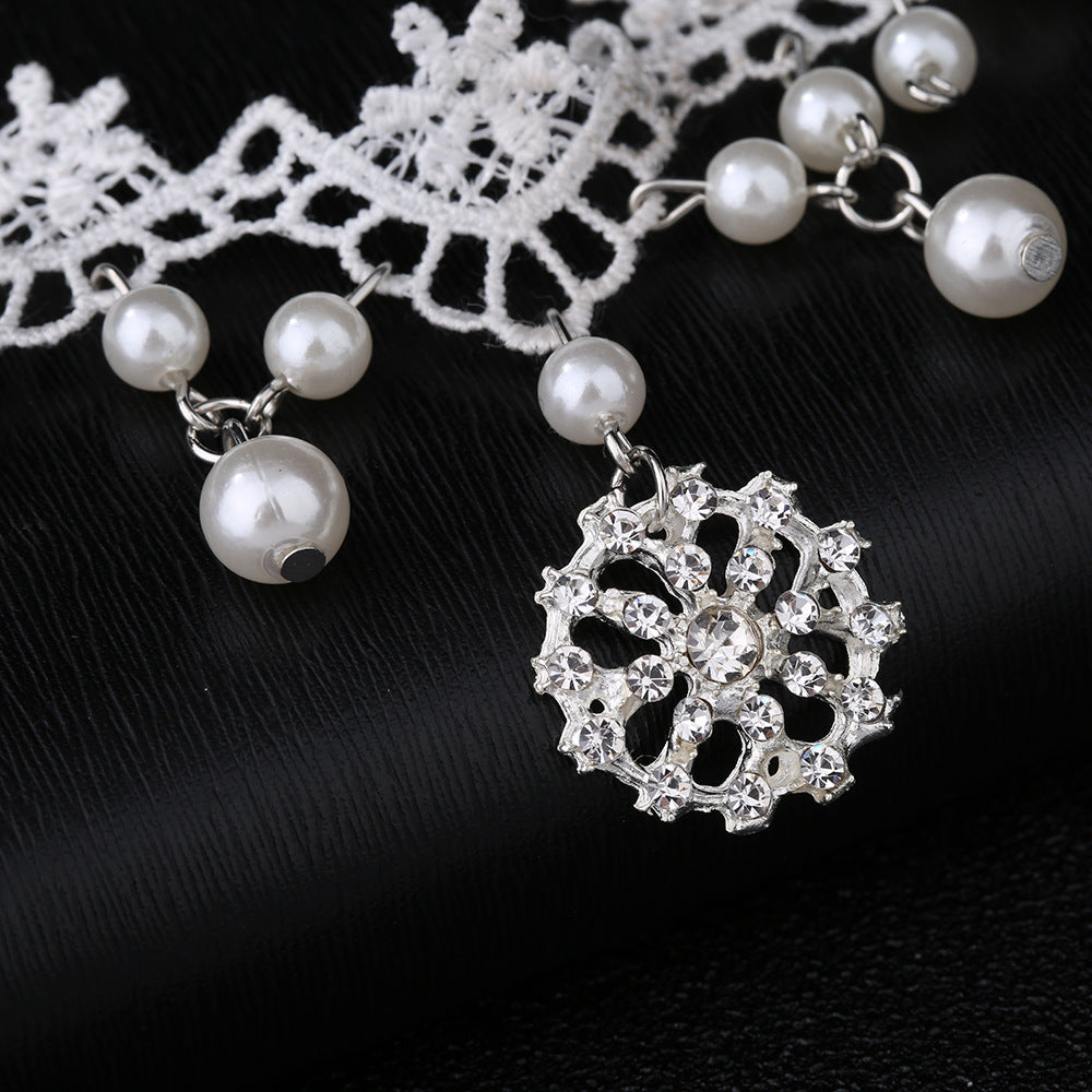 White Lace Bridal Choker Rhinestones Pearl Pendant